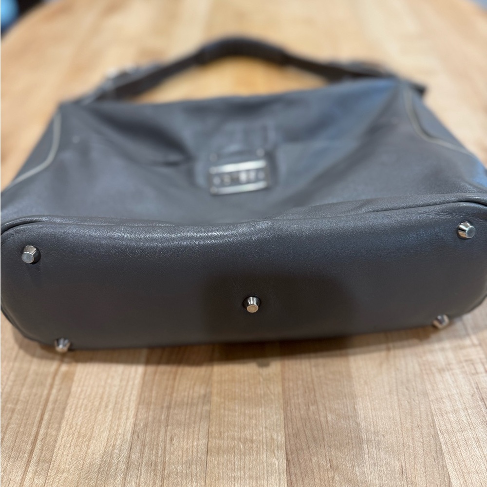 Gray Leather Shoulder Bag with Metal Feet